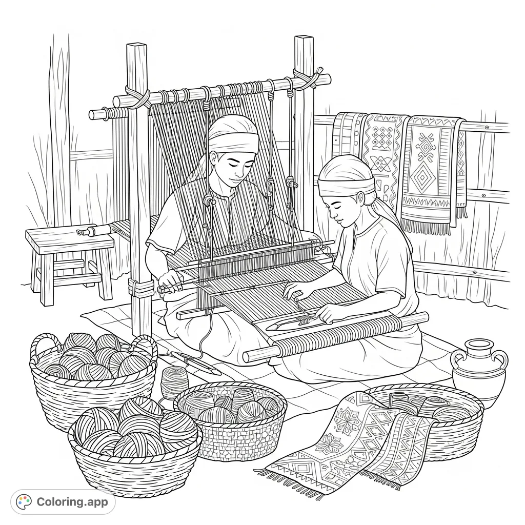 Discover an artisan meticulously weaving at a traditional backstrap loom, surrounded by baskets of fibers and finished textiles in a rustic workshop.