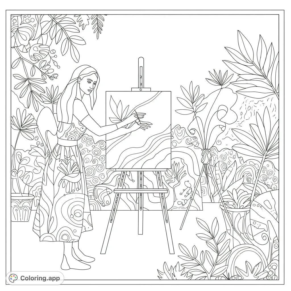 An artist paints in a vibrant botanical studio, surrounded by lush plants and creative inspiration. A detailed, free printable coloring page for all ages.