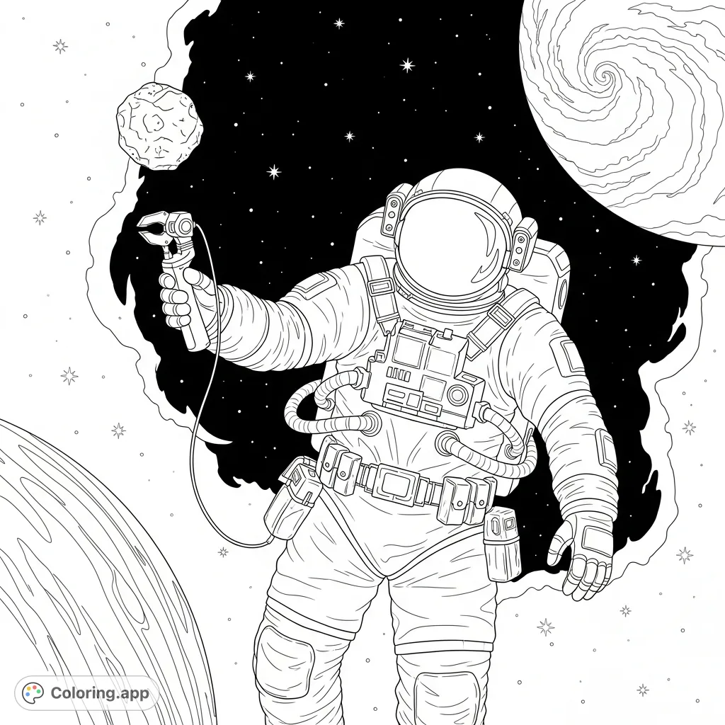A detailed coloring page featuring an astronaut in space, carefully collecting alien rock samples near a gas giant and swirling nebula.