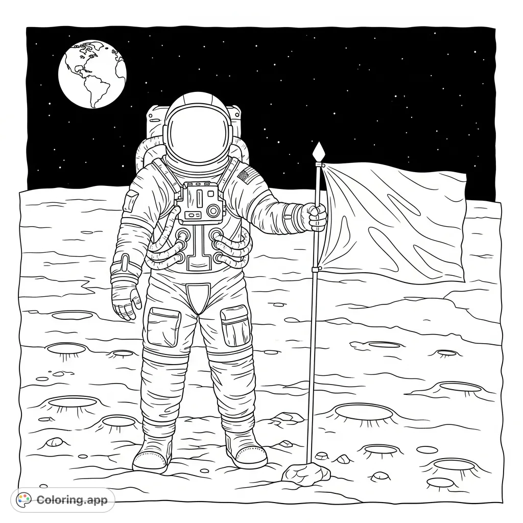 Explore the cosmos with this captivating coloring page featuring an astronaut planting a flag on the moon, with Earth visible in the distance.