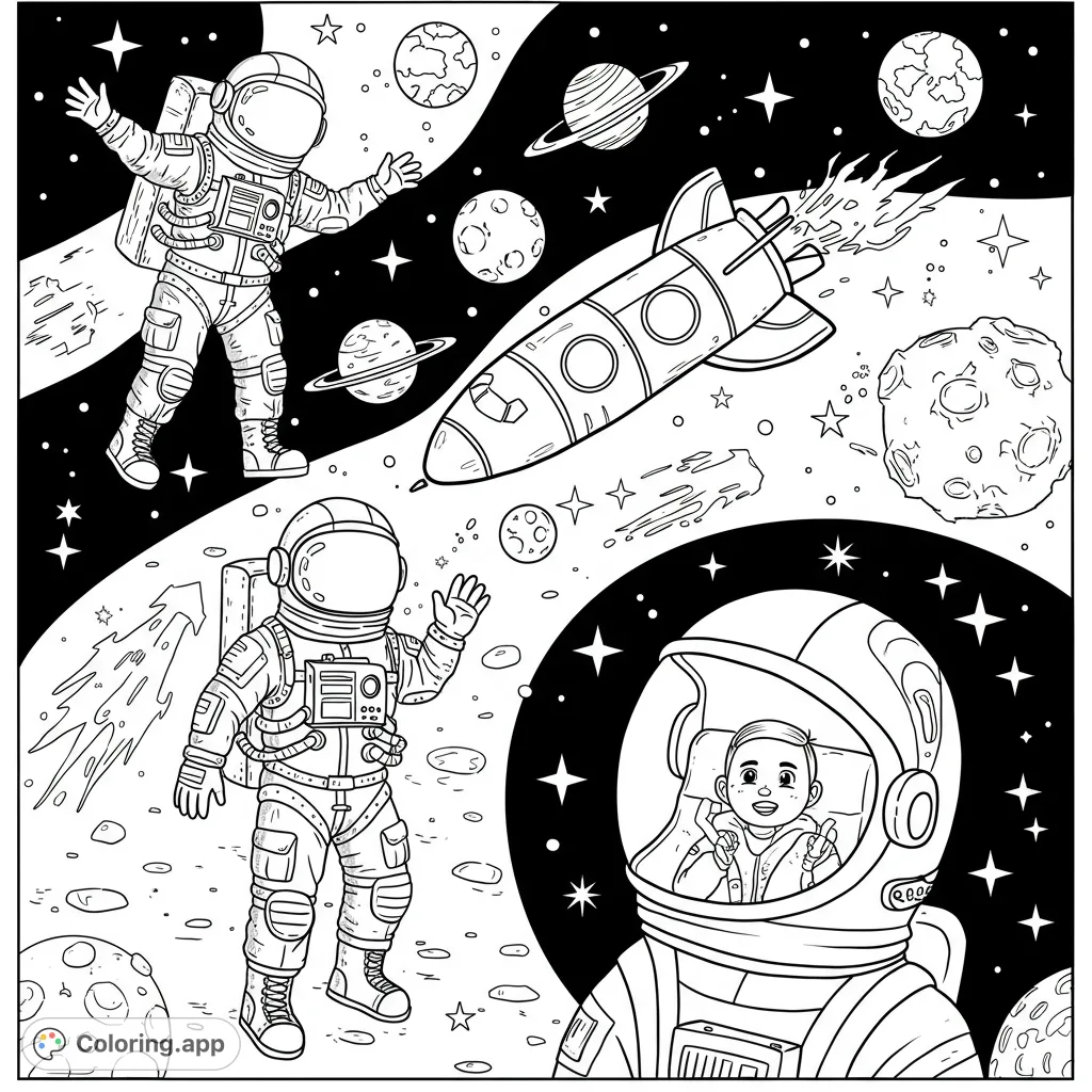 Explore the cosmos with this exciting space coloring page! Features astronauts, a rocket, and planets, perfect for an interstellar adventure.