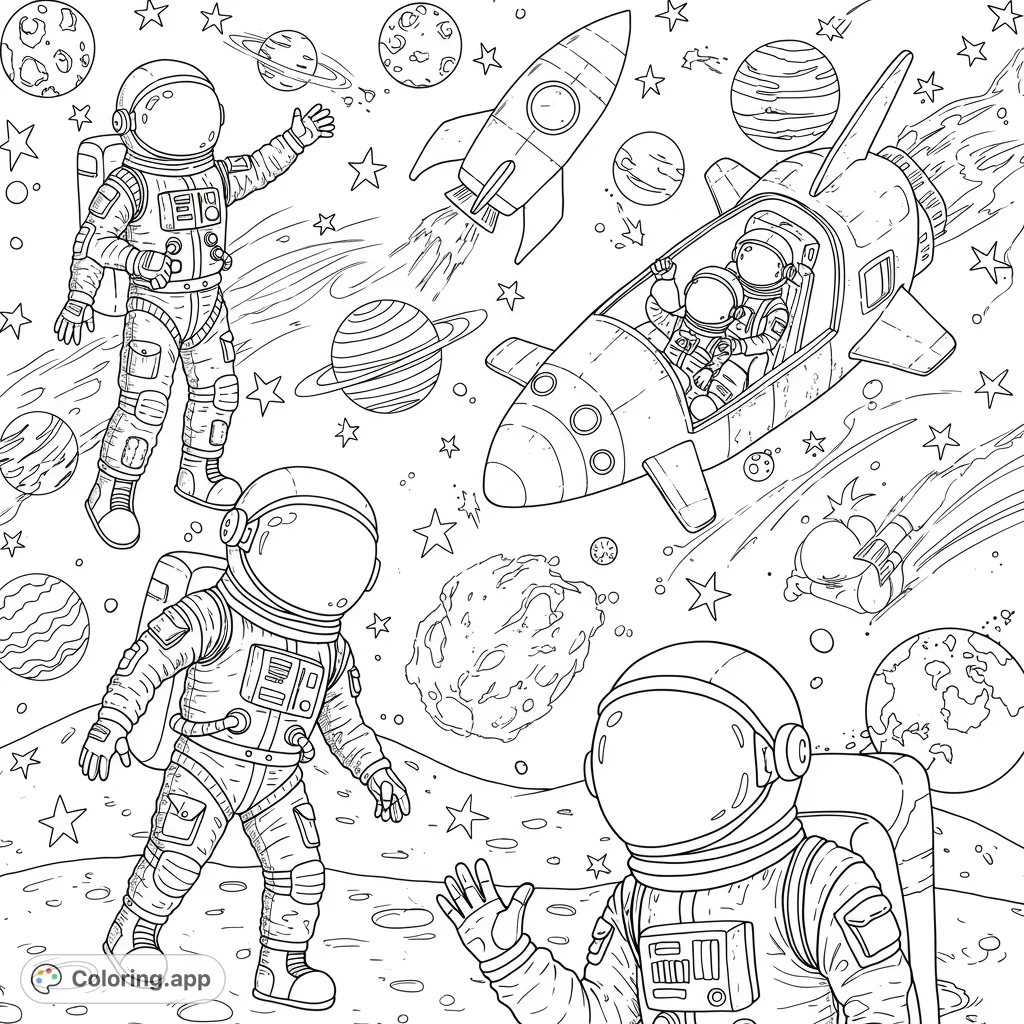 Explore the cosmos with this space adventure coloring page featuring astronauts, rockets, planets, and stars. A free printable cosmic journey awaits!