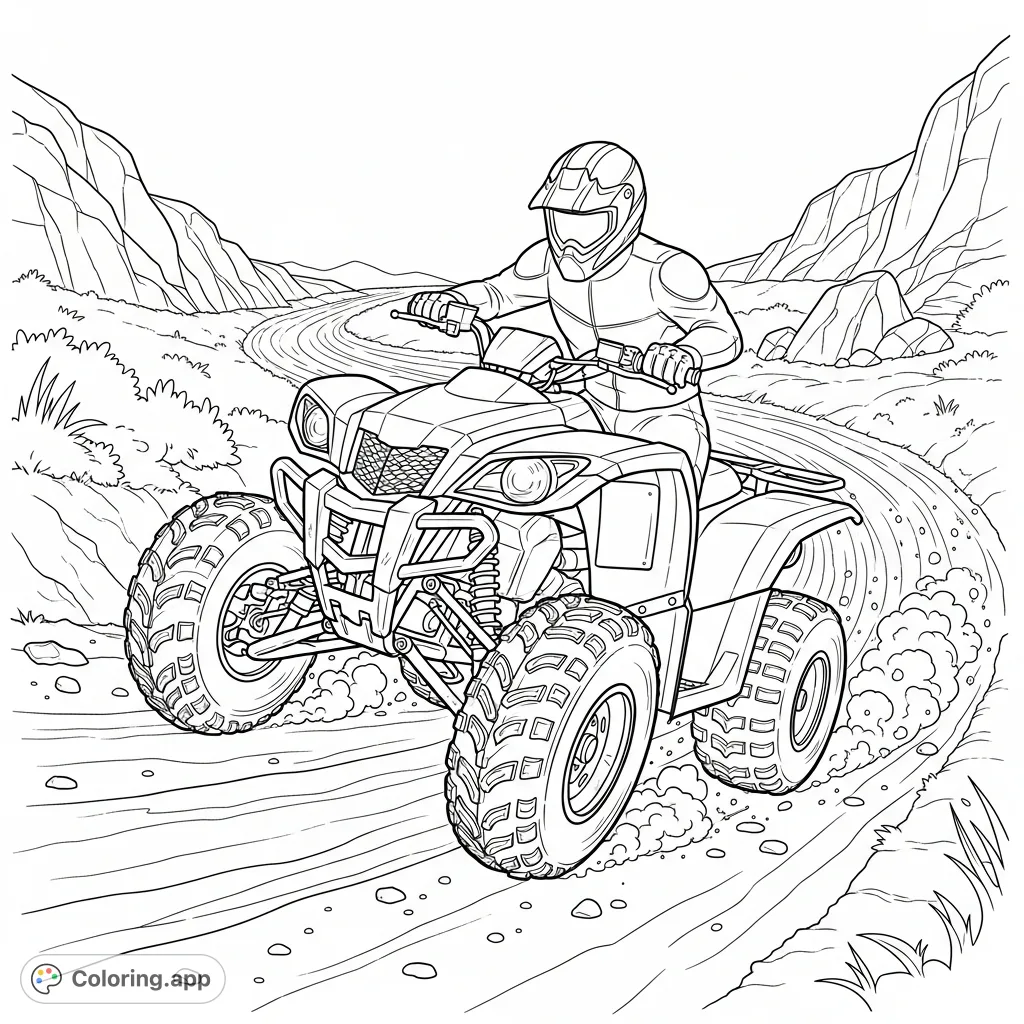 Experience the thrill of off-road adventure! This coloring page features a dynamic ATV quad bike navigating a winding dirt trail, kicking up earth as it speeds along.