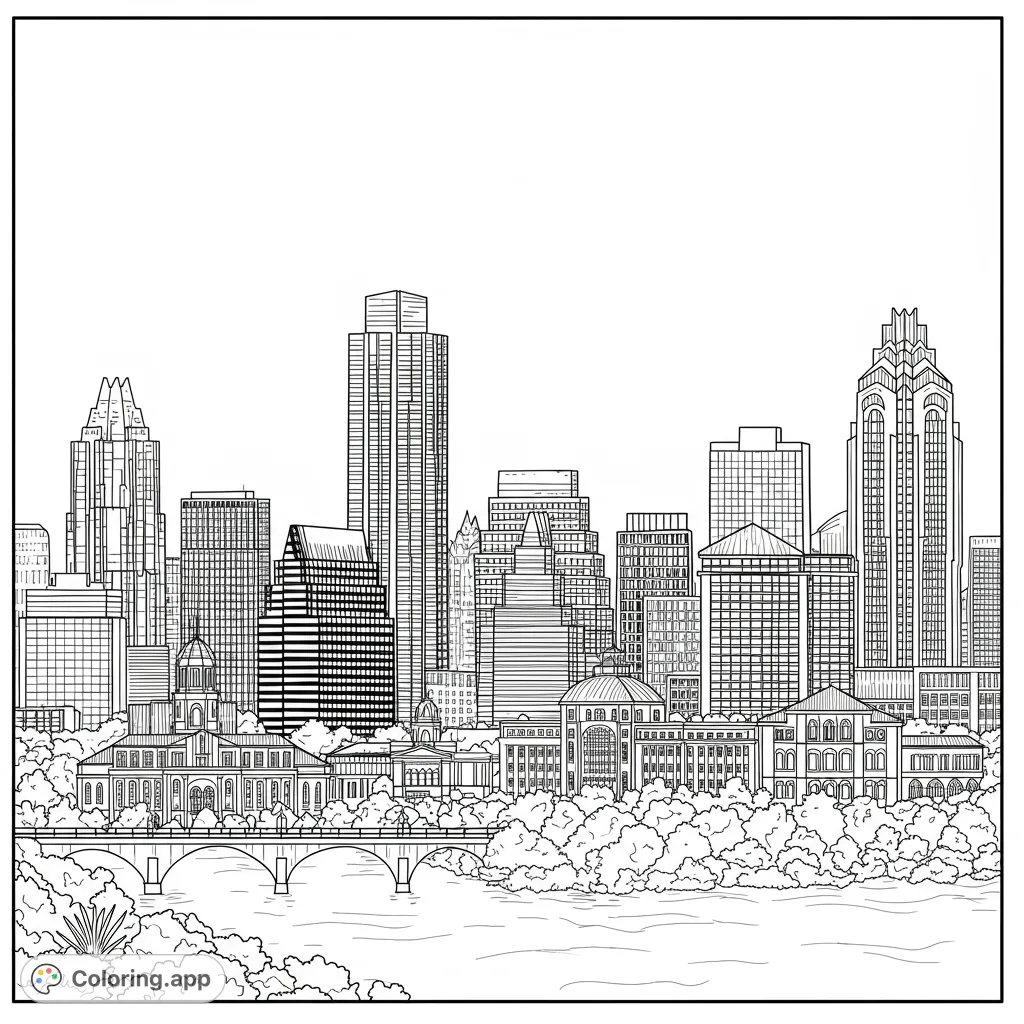 Detailed Austin cityscape featuring iconic skyscrapers, a historic bridge over a river, and lush riverbanks. A free printable Austin cityscape coloring page for all ages.