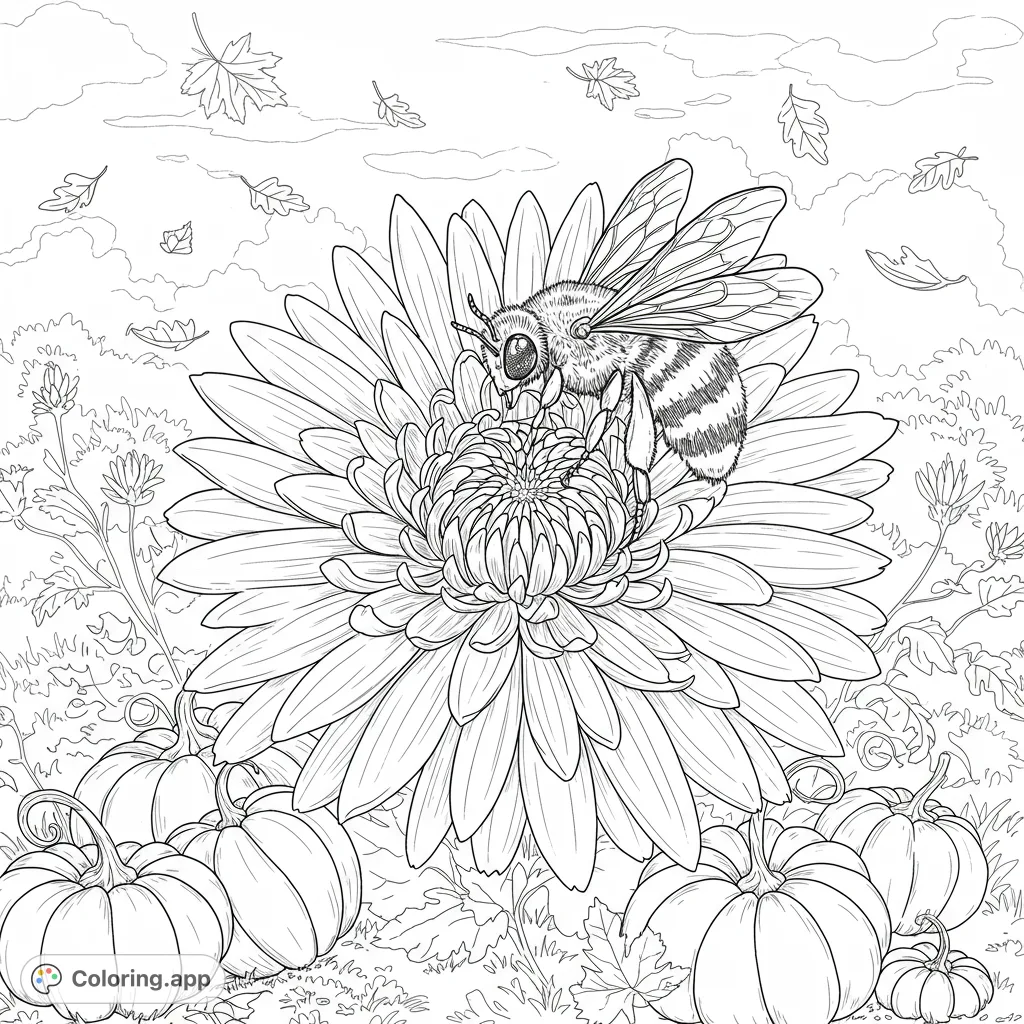 A detailed bee rests on a beautiful chrysanthemum, surrounded by autumn leaves and pumpkins. A charming fall scene for coloring.