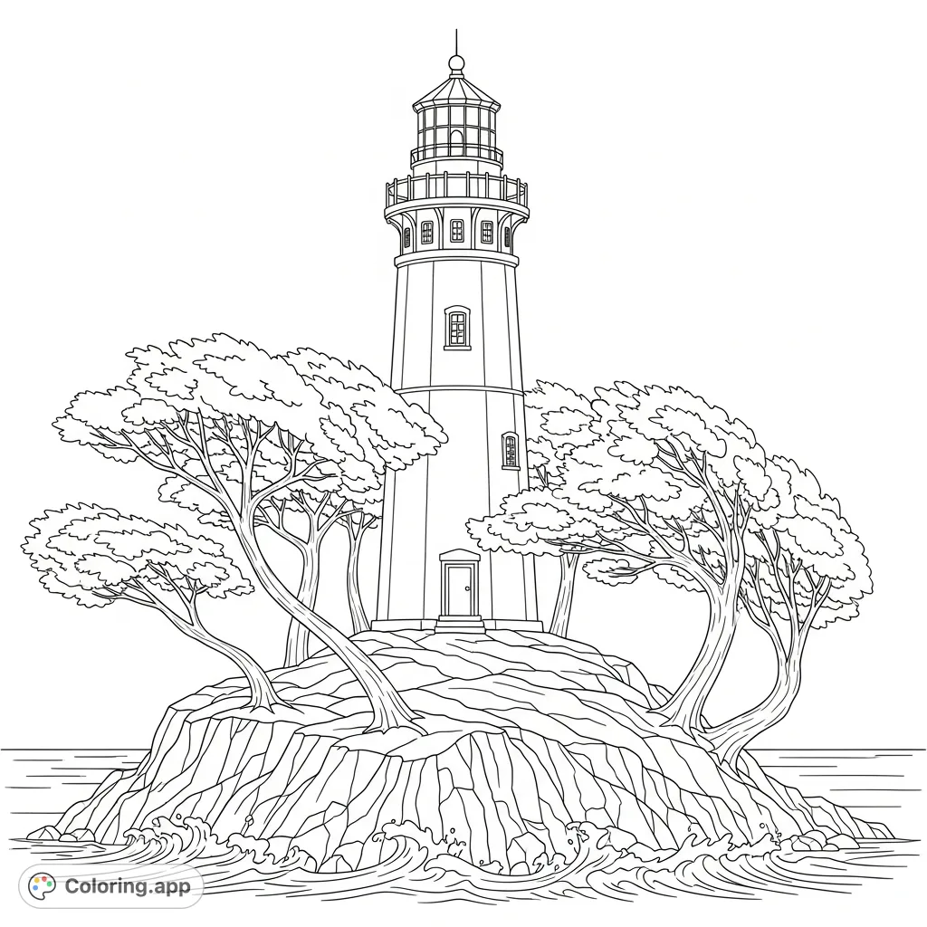 Color a majestic lighthouse standing firm against an autumn coastal backdrop, with windswept trees and crashing waves under an expansive sky.