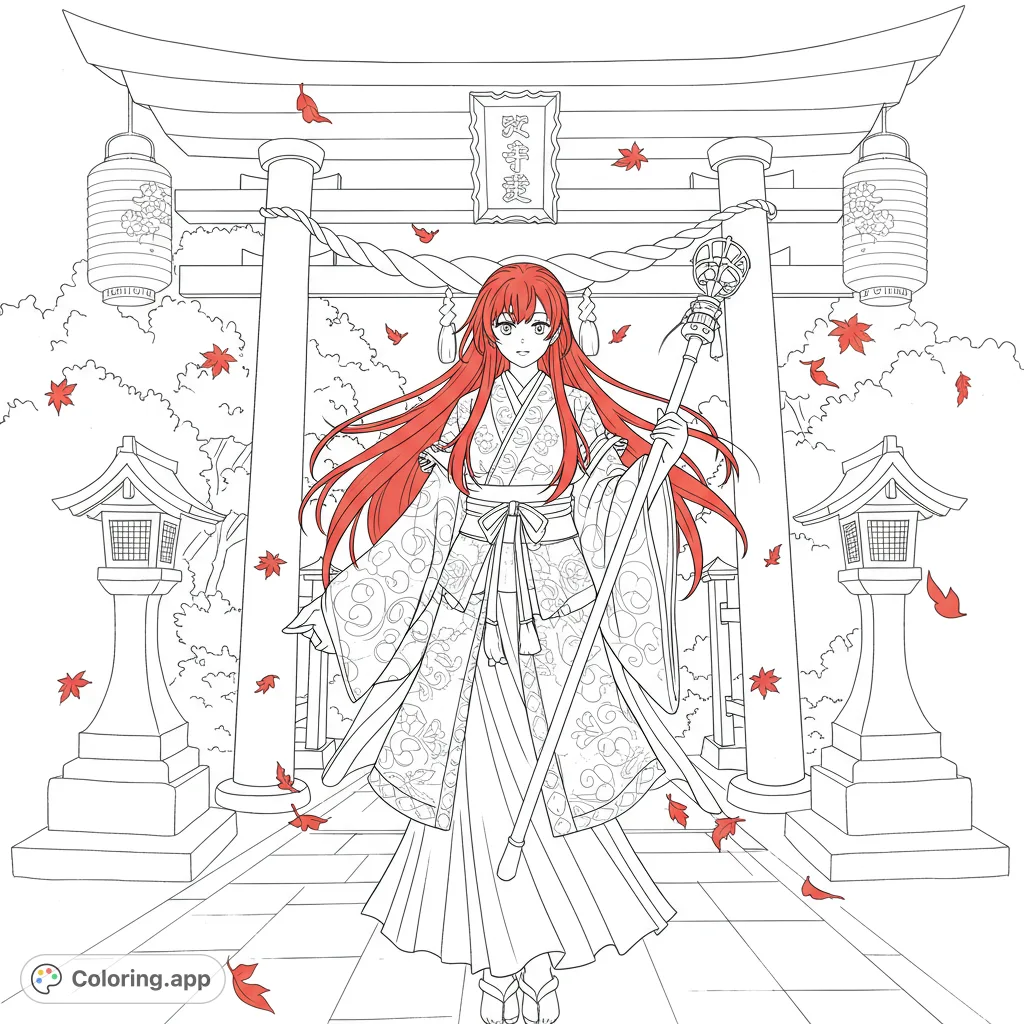 A beautiful Japanese shrine maiden stands before a grand torii gate amidst falling autumn leaves. Intricate details invite a serene coloring experience.
