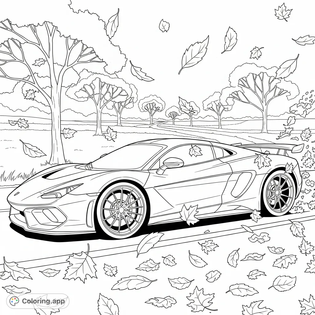 A sleek supercar drives through a scenic route, surrounded by a dynamic cascade of autumn leaves falling and scattered across the road.