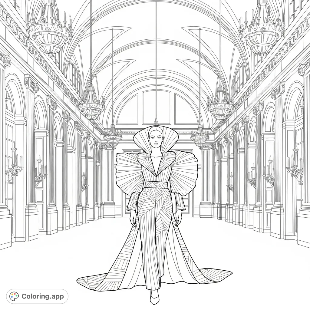 A model in a dramatic avant-garde garment confidently walks through an opulent hall with ornate architecture, highlighting intricate fashion design and grand surroundings.