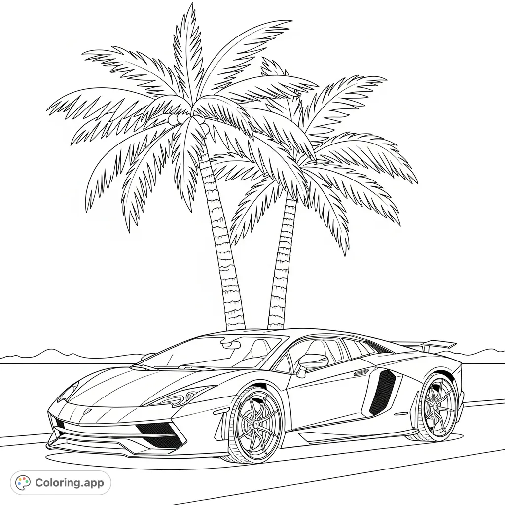 An exotic Aventador-style sports car precisely parked under two towering palm trees, featuring bold clean contours against a serene tropical backdrop.