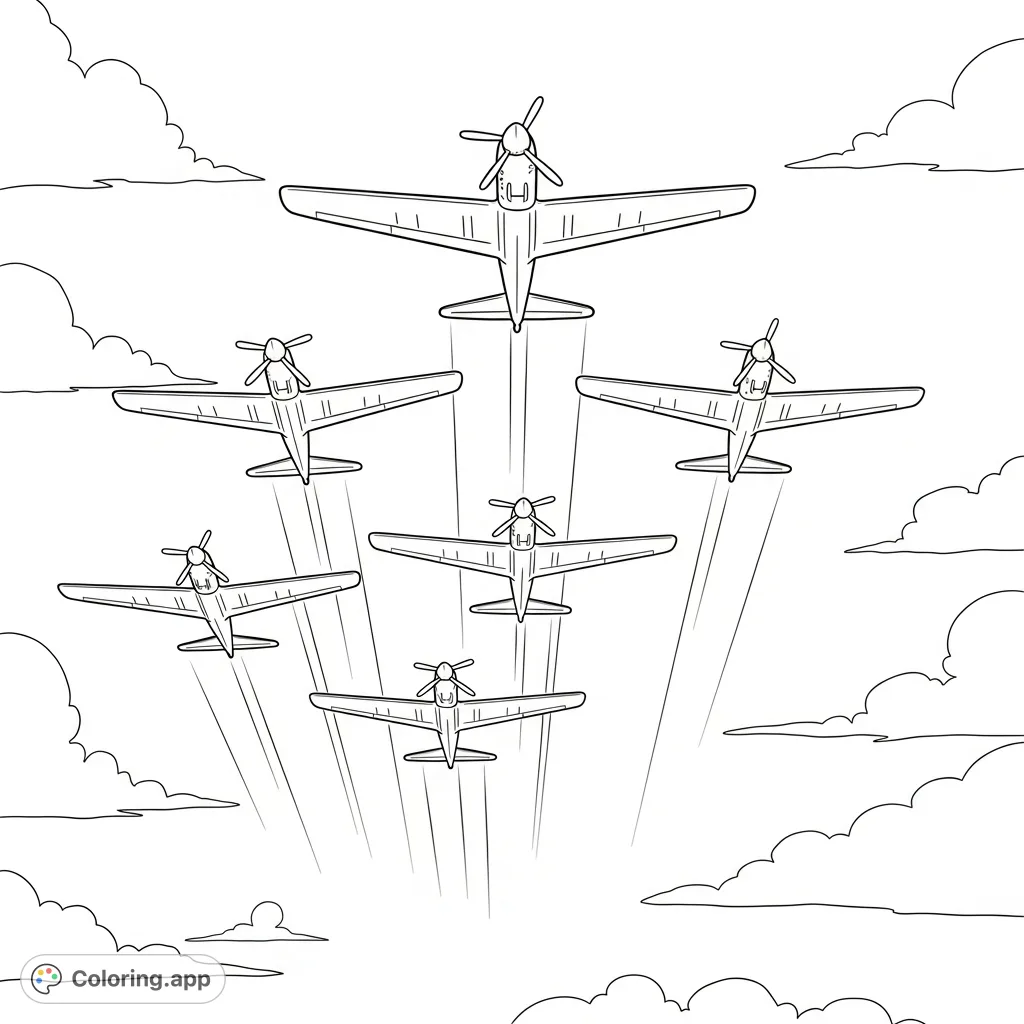 Color a stunning formation of five propeller planes flying in a precise V-shape across the sky, with detailed aircraft and wispy clouds.