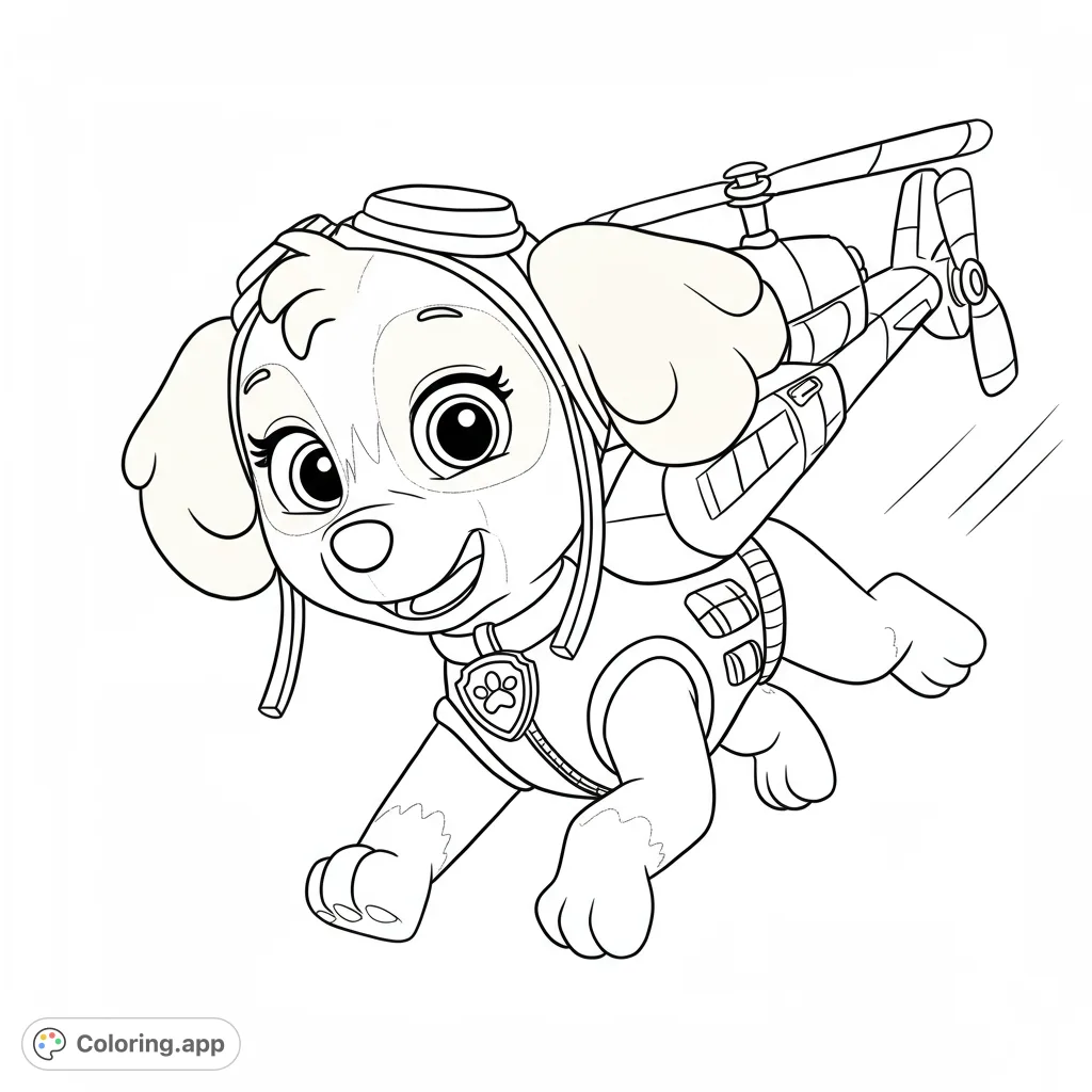 Adorable aviator puppy soaring with a flight pack, ready for a sky-high coloring adventure. A free printable flying puppy coloring page!