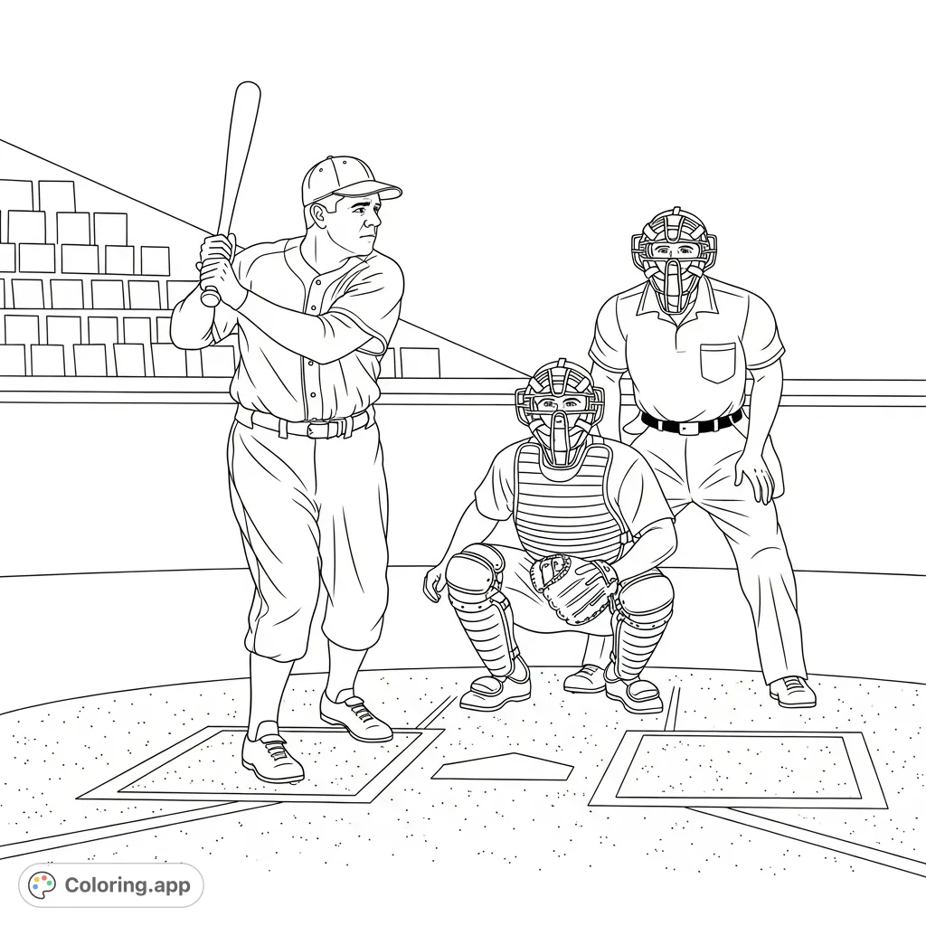 Step up to the plate with legendary Babe Ruth in this baseball coloring page. Capture the intensity of a swing, perfect for sports fans and history buffs!