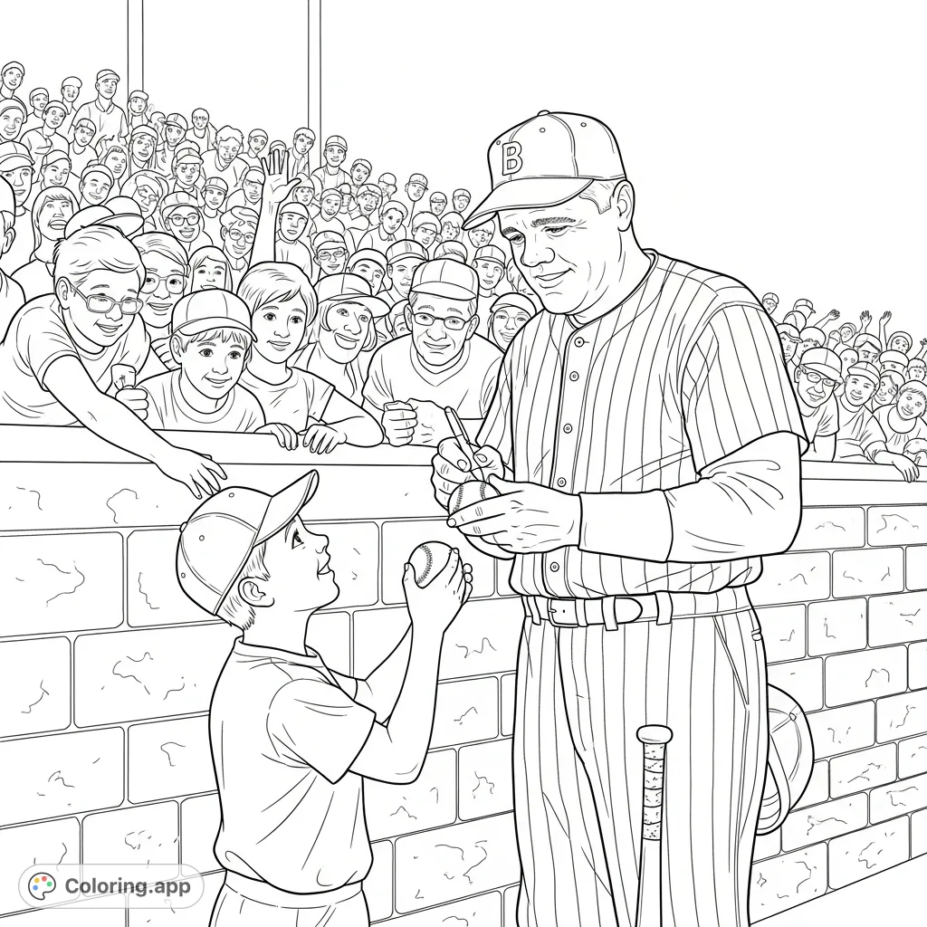 Capture baseball history with Babe Ruth signing a ball for an admiring young fan amidst an excited crowd, set against a stadium brick wall.