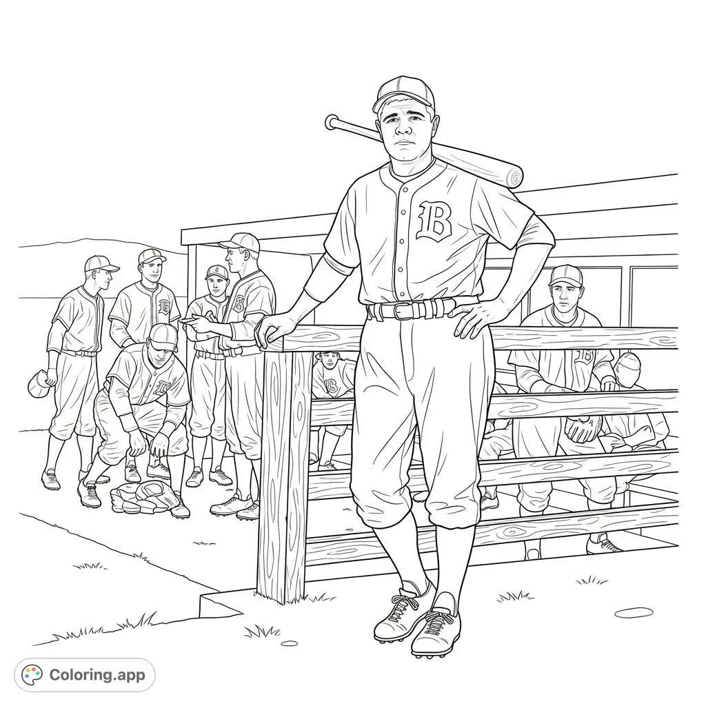 Iconic Babe Ruth in the dugout, bat over his shoulder, surrounded by teammates watching the game. A classic baseball scene ready for your creative touch.