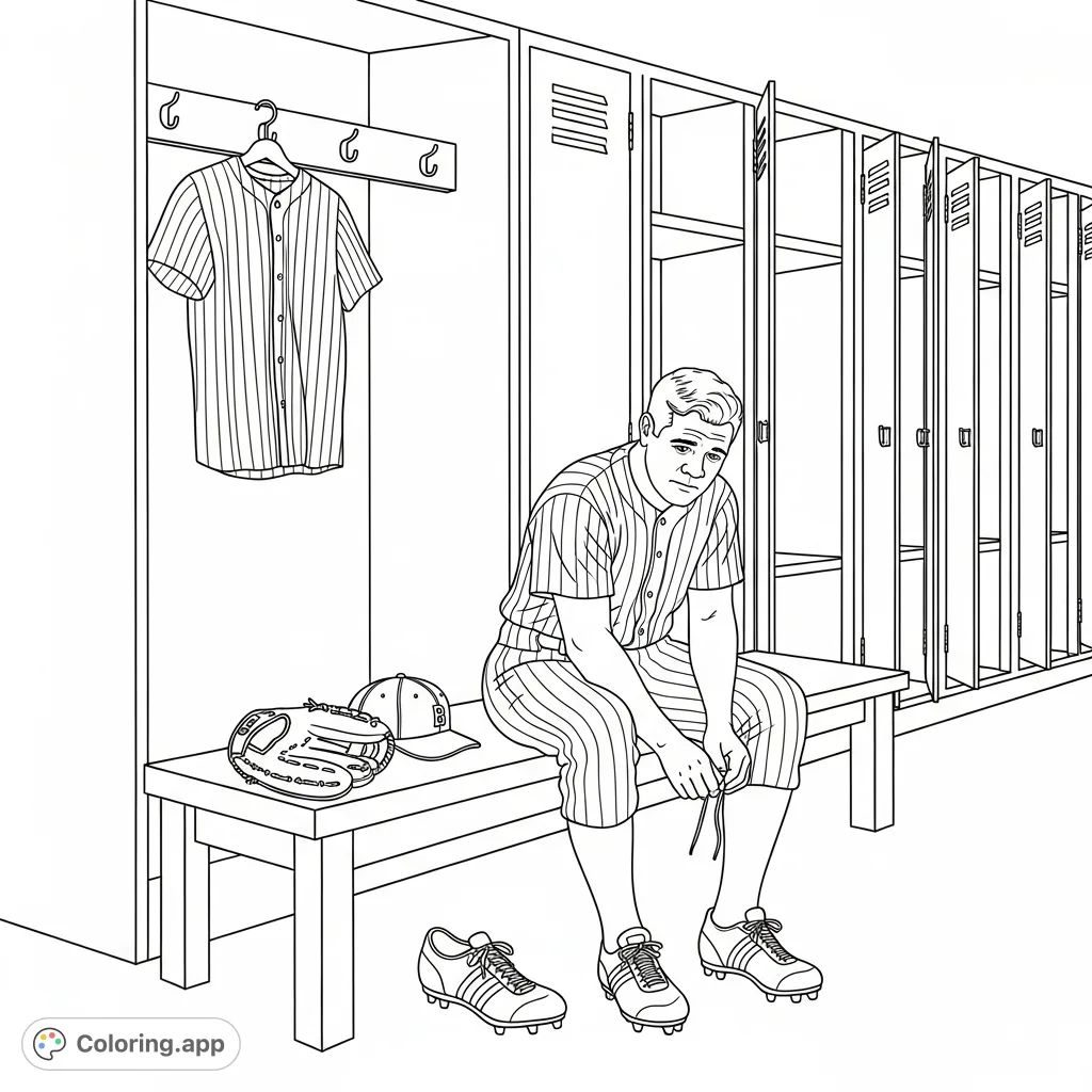 Step into baseball history with this Babe Ruth coloring page. Capture the iconic moment of the legend lacing up his cleats in a classic locker room.