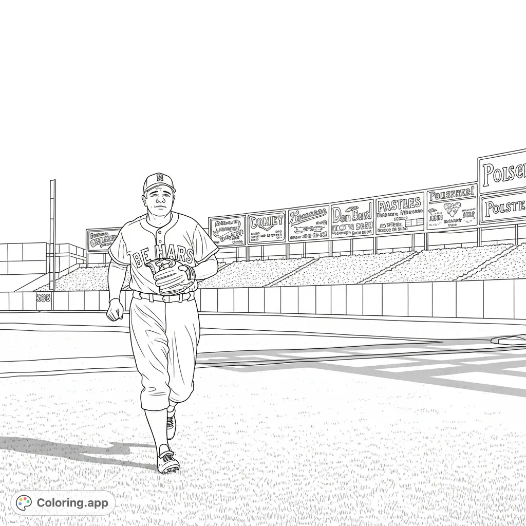 Capture baseball history with this Babe Ruth coloring page, featuring the legendary player jogging across the outfield against a classic stadium backdrop.
