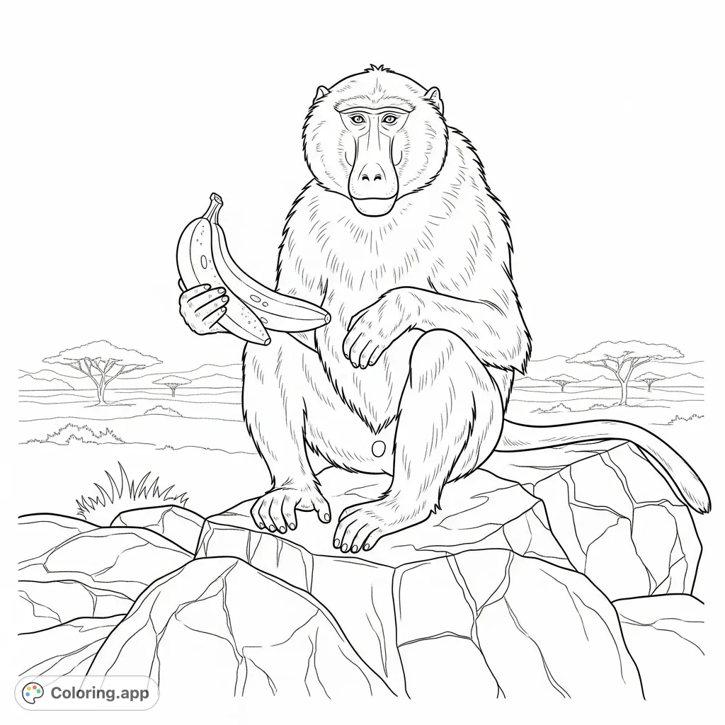 A detailed coloring page featuring a robust baboon perched on a weathered rock, holding a large, ripe fruit. The background suggests a savanna landscape.