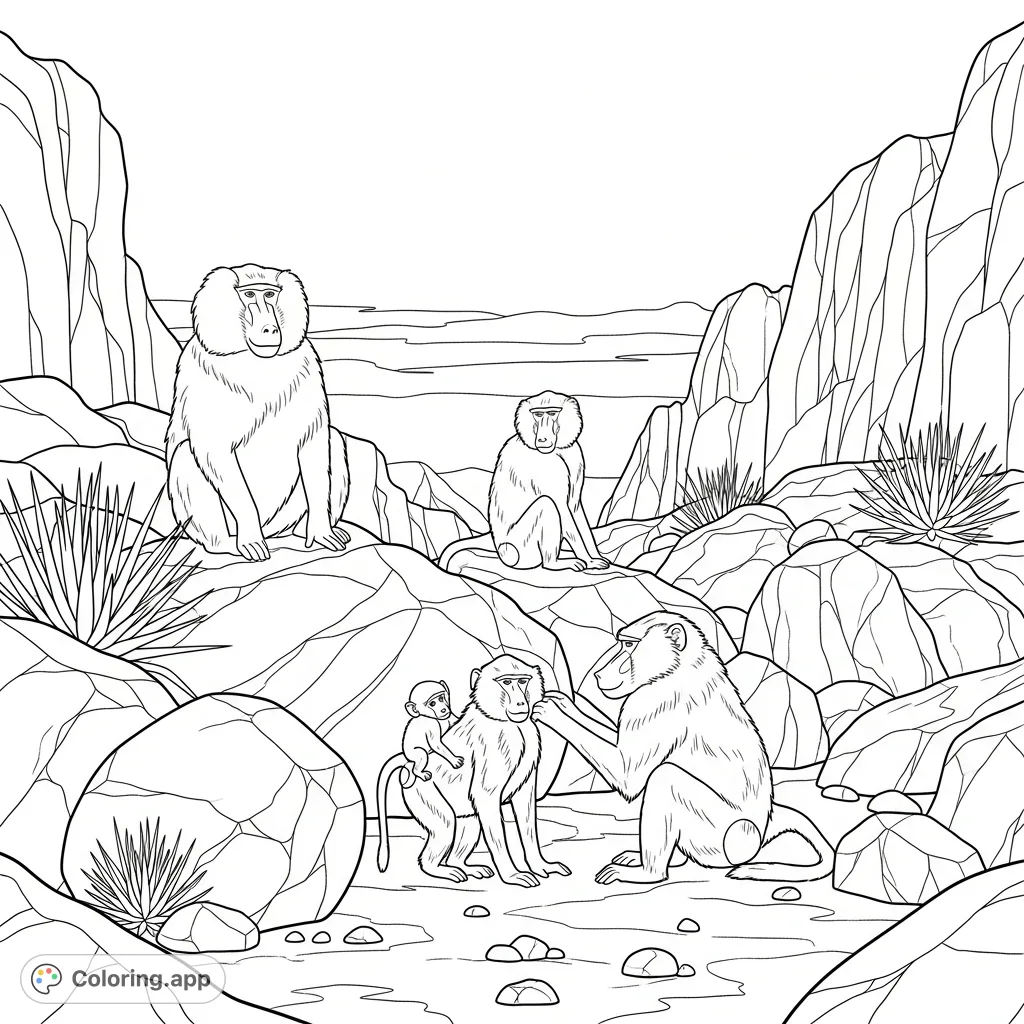 Explore the wild with this baboon troop coloring page. Detailed baboons interact among rugged rocks and sparse plants in an arid landscape. Perfect for nature lovers.