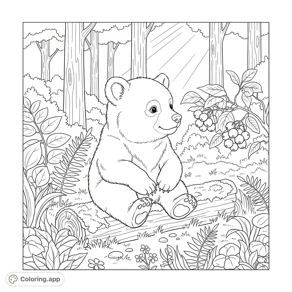 A charming baby bear cub explores a serene forest clearing, discovering berries on a bush amidst dappled sunlight and lush flora. Perfect for all ages.