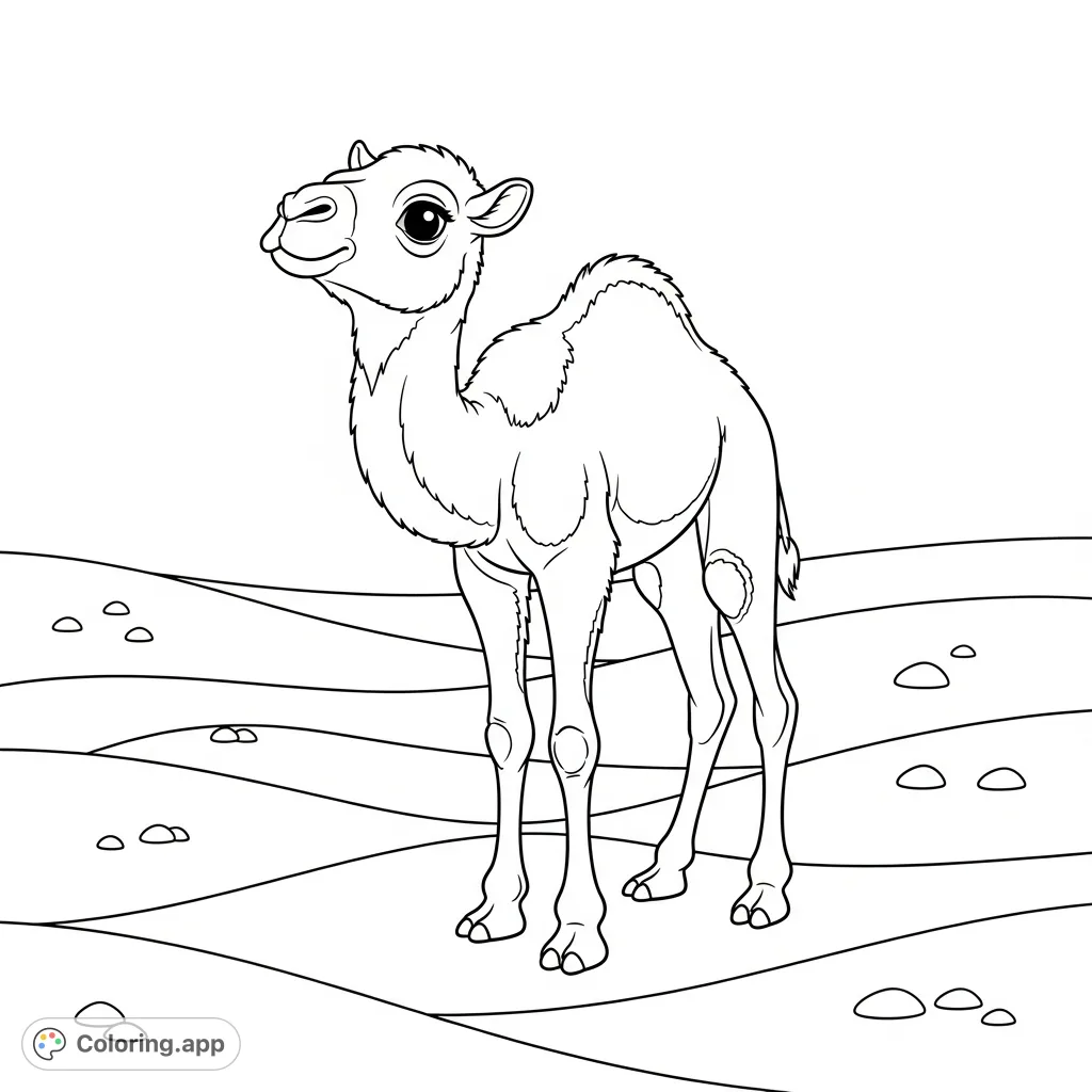 An adorable baby camel stands gracefully in the warm desert sand, with a detailed furry coat and expressive features, set against a subtle desert landscape.