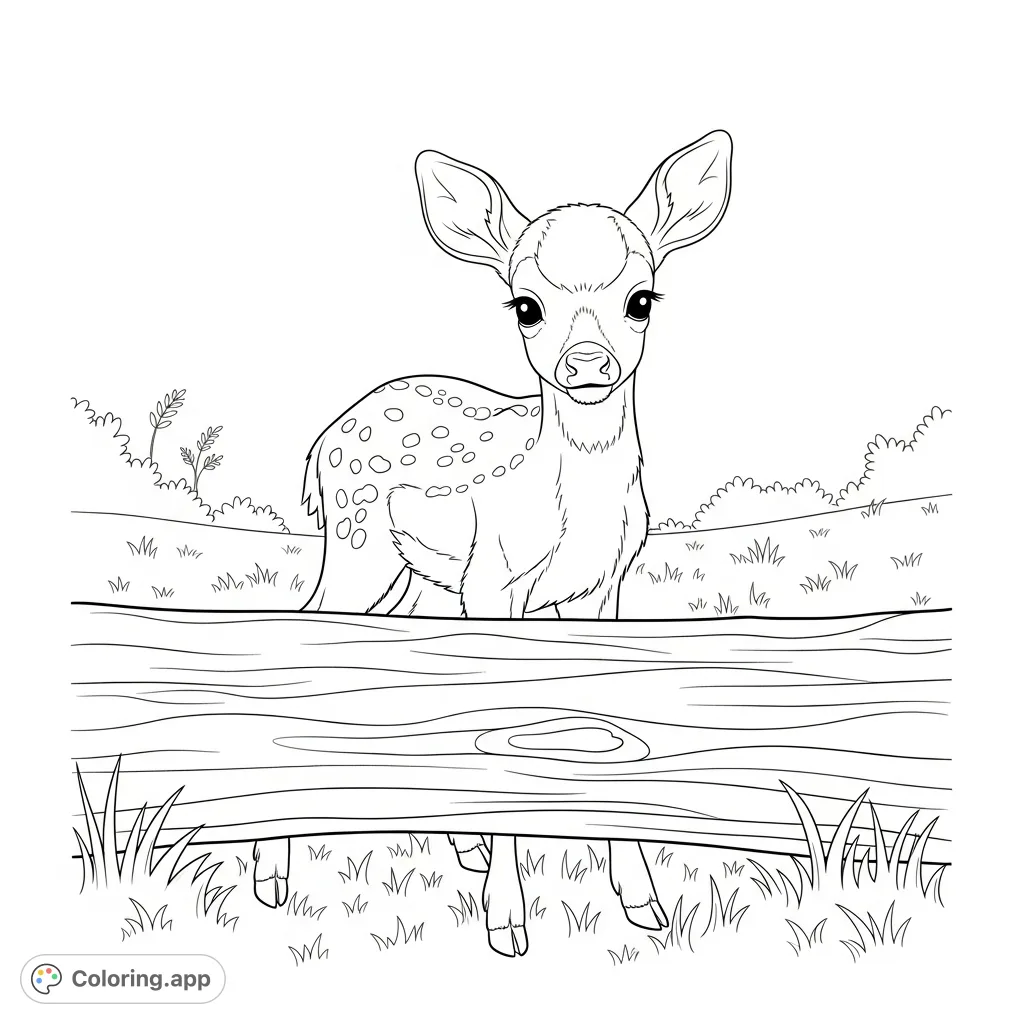 A charming coloring page featuring a baby deer with gentle eyes, standing by a textured fallen log on a grassy forest floor. Perfect for nature lovers.