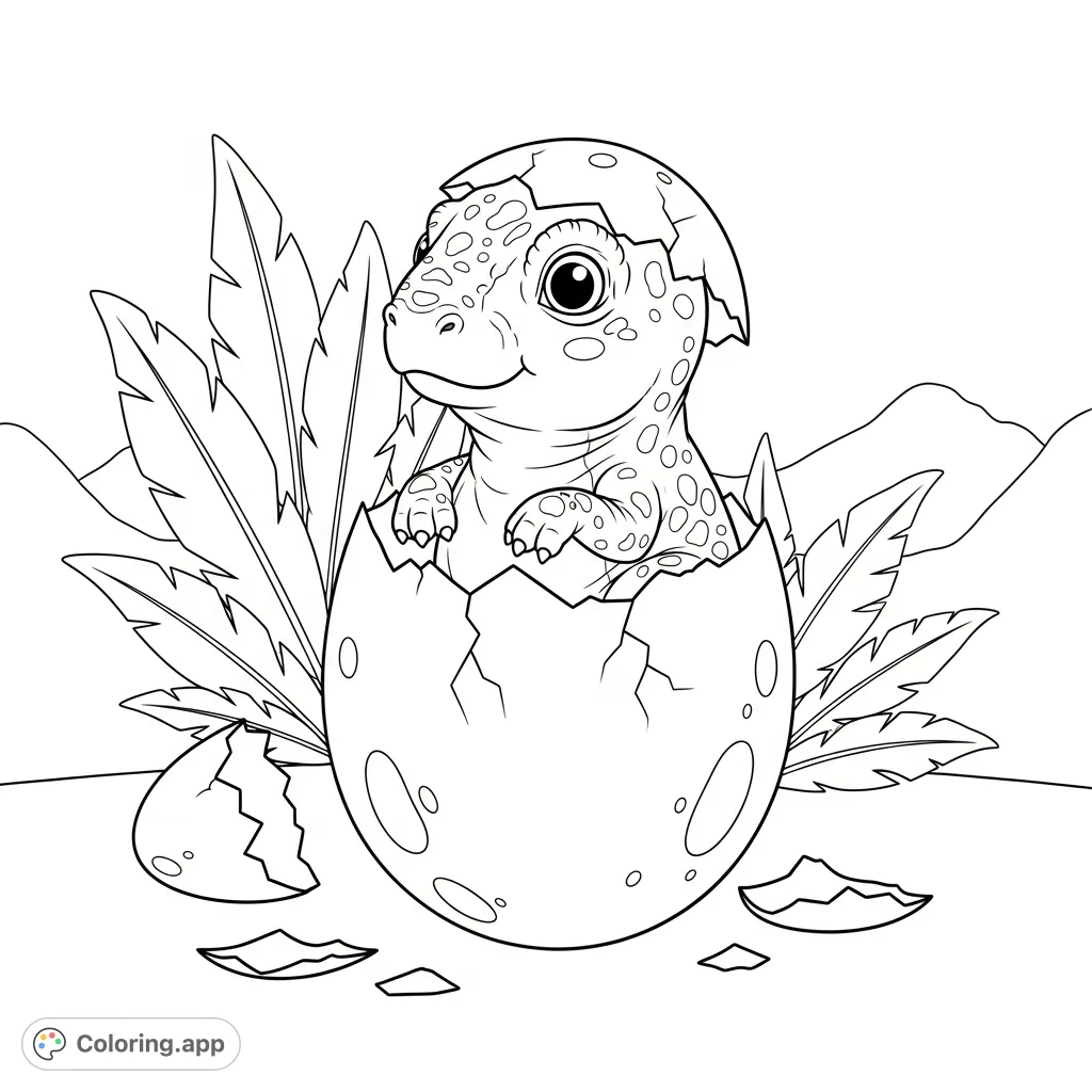 A heartwarming scene of a baby dinosaur hatching from a cracked egg, surrounded by prehistoric plant life, ready for a creative splash of color.