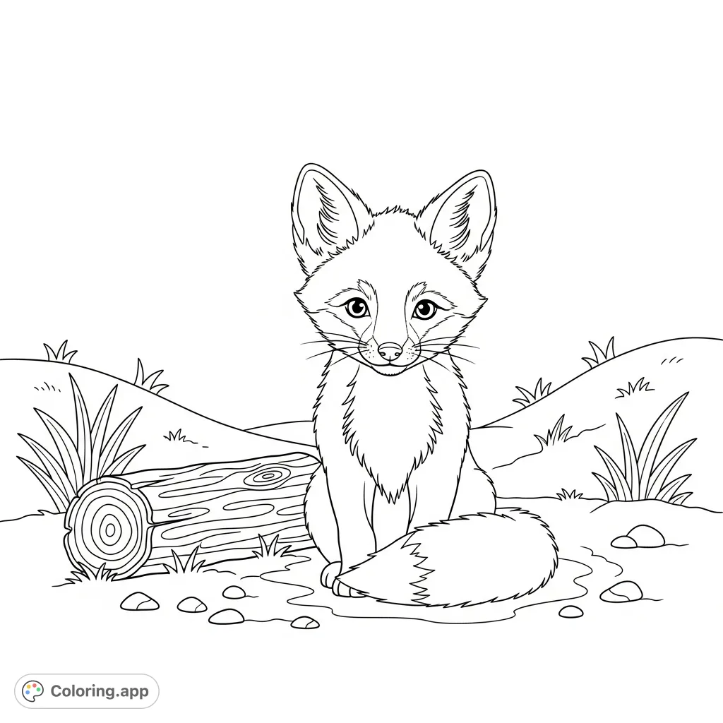A cute baby fox sits by a log, surrounded by grassy mounds and smooth stones. This charming scene offers delightful detail for a relaxing coloring experience.