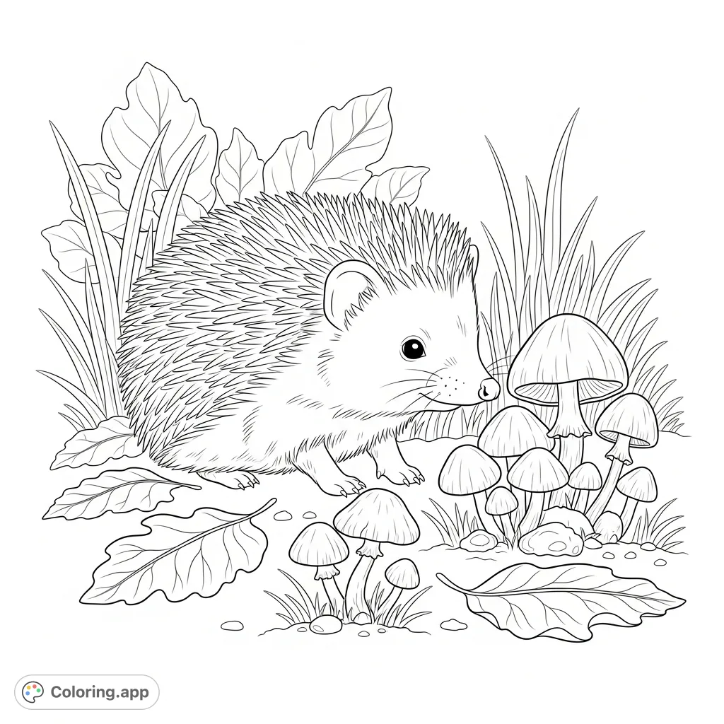 A curious baby hedgehog explores a charming cluster of tiny mushrooms on a forest floor, surrounded by delicate leaves and grass.