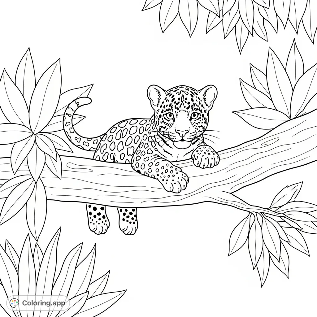 A delightful coloring page featuring a cute baby jaguar climbing a tree branch amidst simplified jungle foliage. Perfect for young animal lovers.