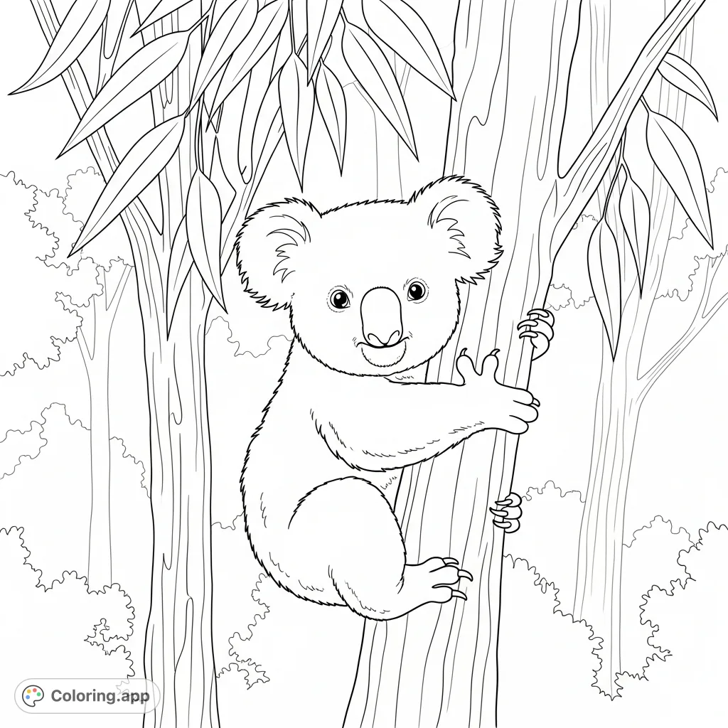 A charming baby koala coloring page, featuring a fluffy koala gripping a tree trunk amidst eucalyptus leaves and a soft forest background.