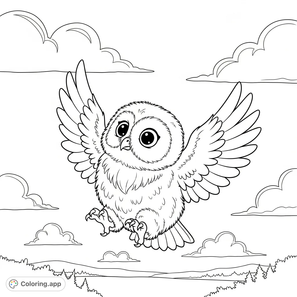 An adorable fluffy baby owl with wide eyes, wings spread for its very first flight amidst soft, simplified clouds and distant treetops. A charming scene.