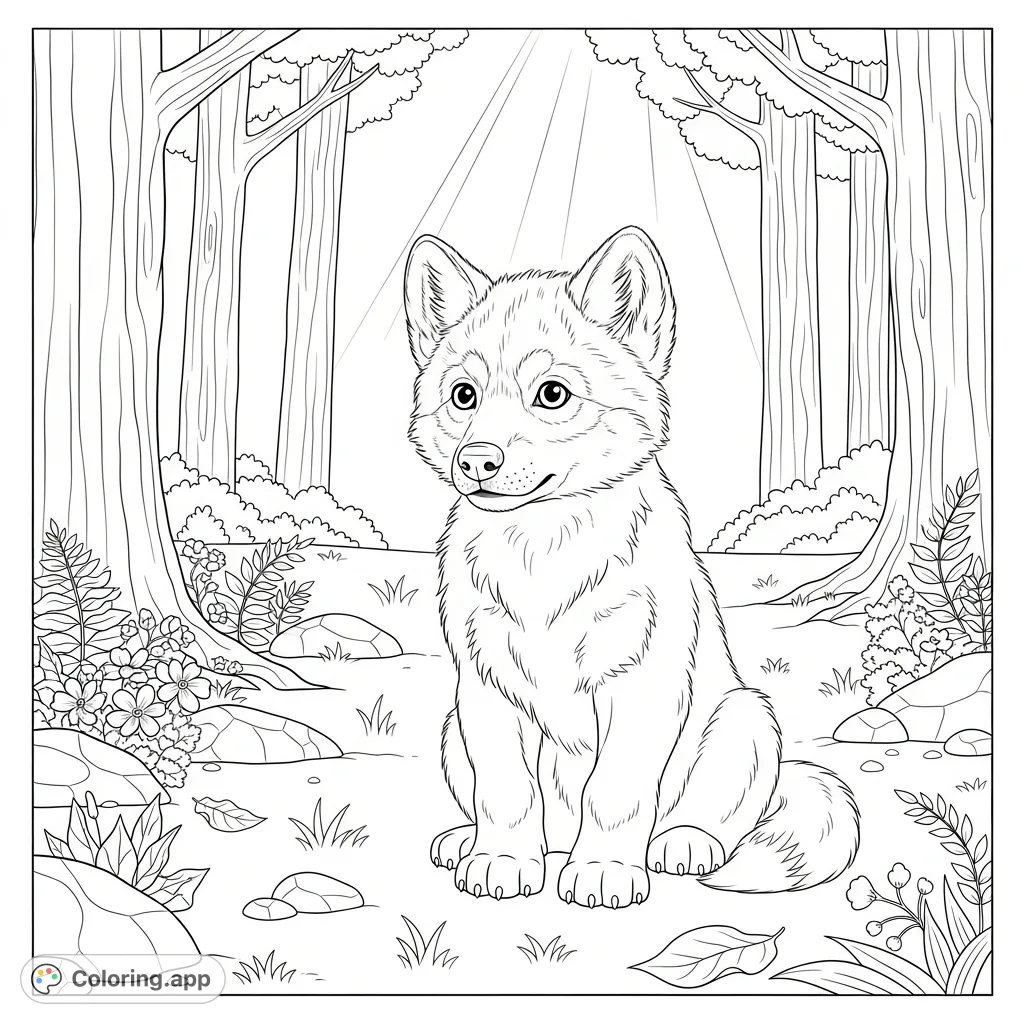 A heartwarming coloring page featuring an adorable baby wolf cub sitting peacefully in a sun-dappled forest clearing, surrounded by nature's gentle beauty.