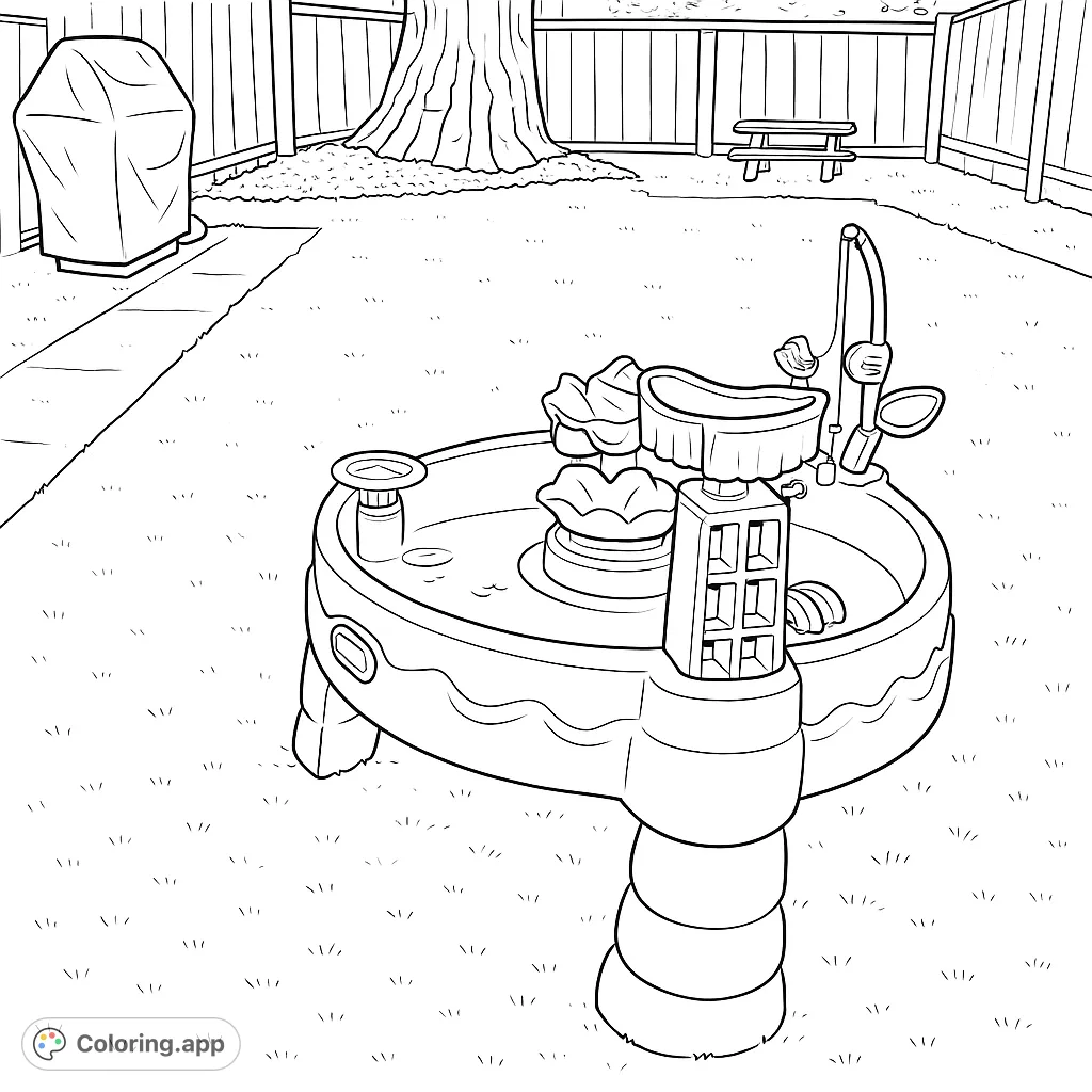 A fun backyard play coloring page featuring a detailed water table with toys, perfect for kids to imagine summer adventures and outdoor fun.