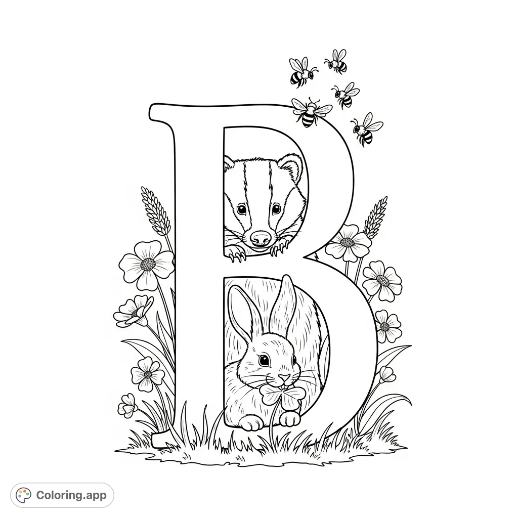 An enchanting letter B coloring page featuring a shy badger, a fluffy bunny, and buzzing bees amidst a patch of detailed wildflowers.