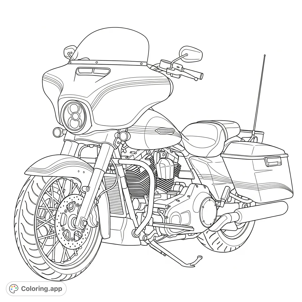 Detailed coloring page of a robust two-wheel bagger-style cruiser motorcycle featuring large side bags, a prominent fairing, and subtle bodywork striping.