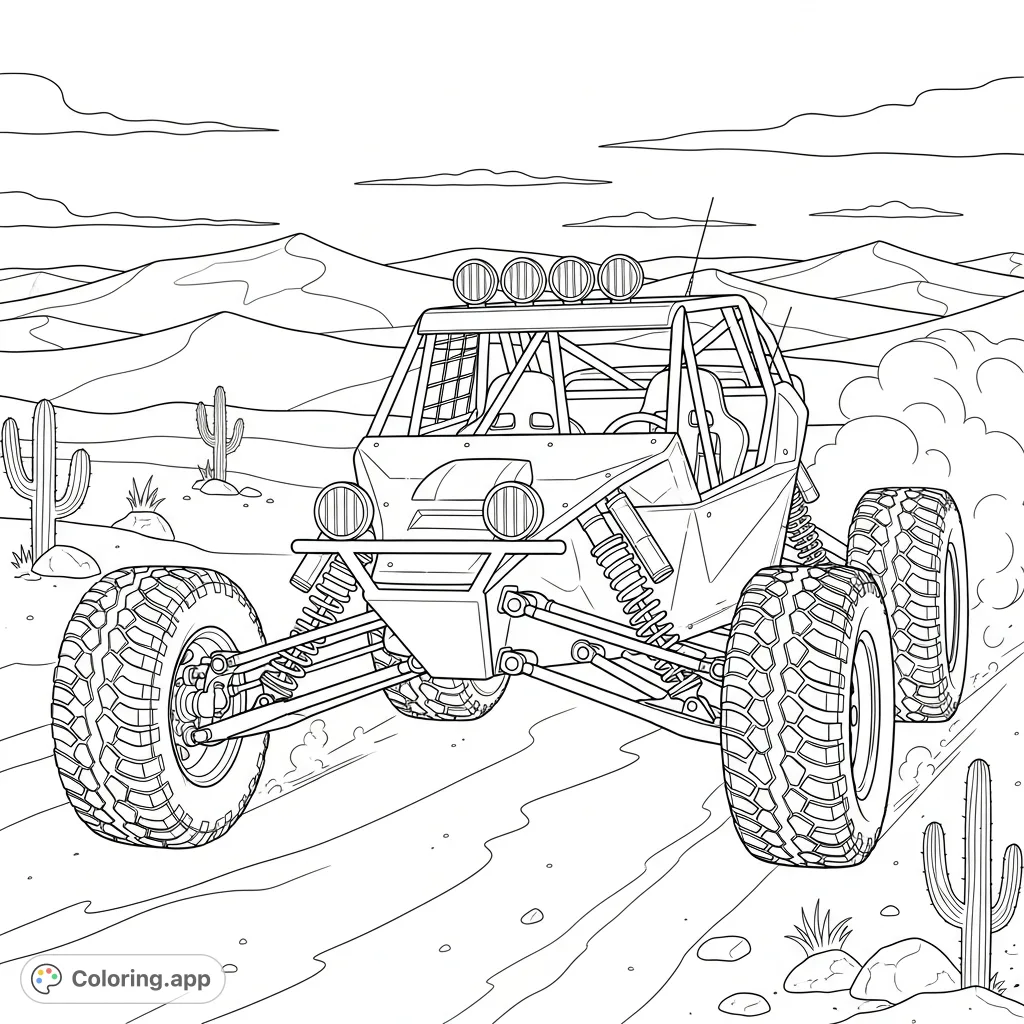 A detailed coloring page featuring a rugged Baja racing buggy with exposed suspension, tearing through a vast desert landscape with dunes and cacti.