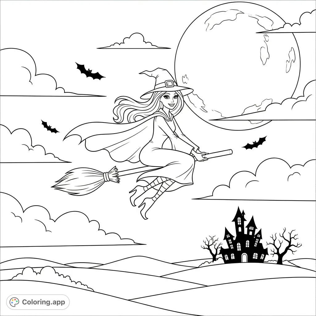 Join Barbie, the enchanting witch, as she soars across a moonlit sky on her broomstick, with a haunted mansion and bats below. A magical adventure awaits!