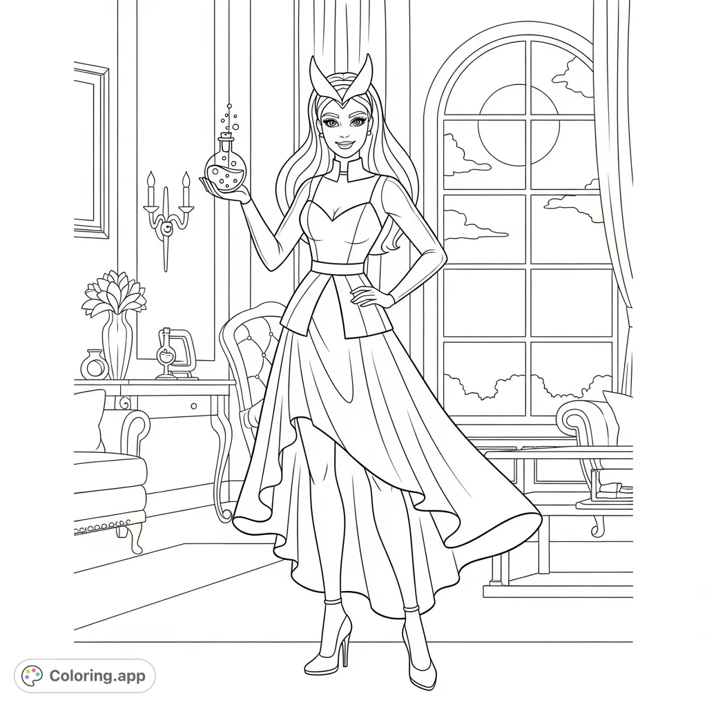 Color Barbie in her sleek modern witch outfit, holding a potion bottle in a gothic room with a full moon. A magical Barbie coloring page for fashion and fantasy fans.