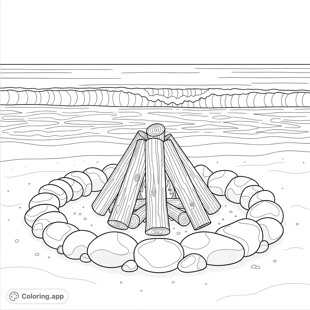Relax with this beach bonfire scene. Features a neatly arranged log pile within a stone ring, set against gentle, arcing ocean waves on a sandy shore.