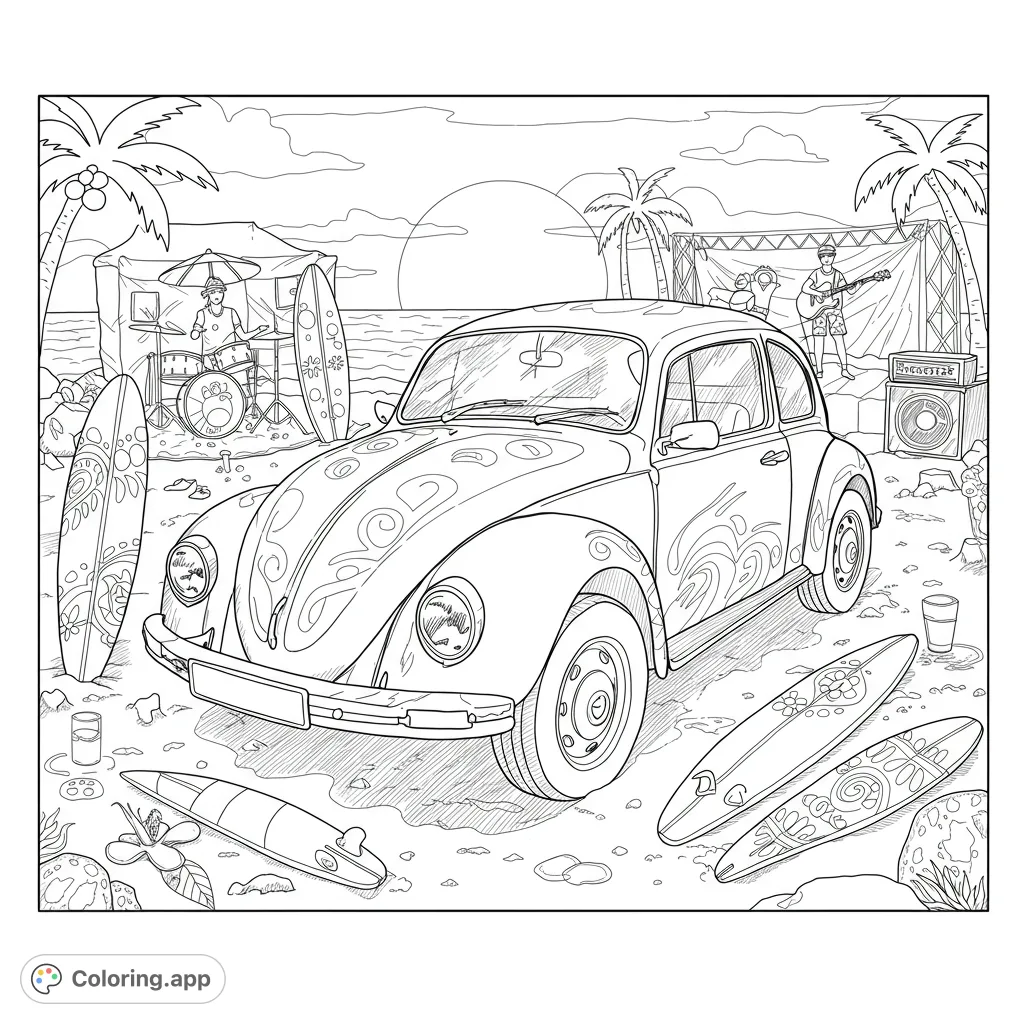 Cruise into summer fun with this beach party coloring page! Features a vintage car, surfboards, and a band playing by the ocean at sunset.