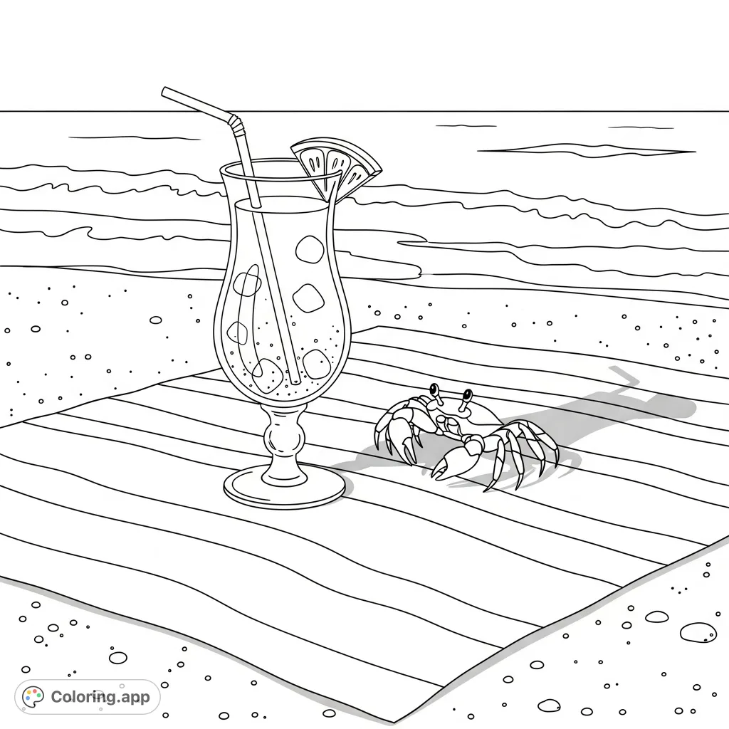 A refreshing cocktail with fruit garnish rests on a striped beach blanket, while a tiny crab approaches. Gentle ocean waves complete this serene coastal scene.