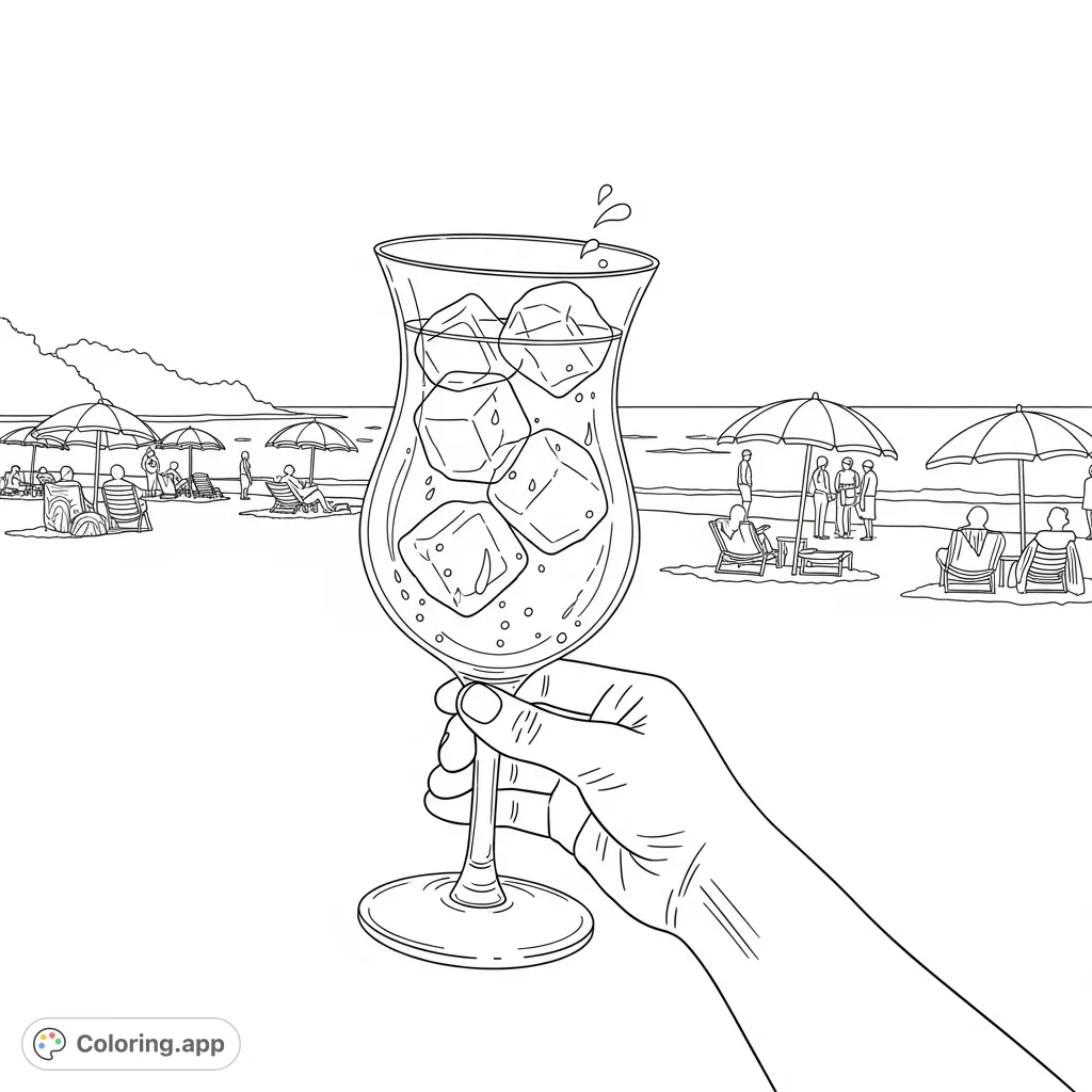 Raise a glass to relaxation with this detailed beach cocktail coloring page. Features a drink with ice and droplets against a serene beach backdrop.