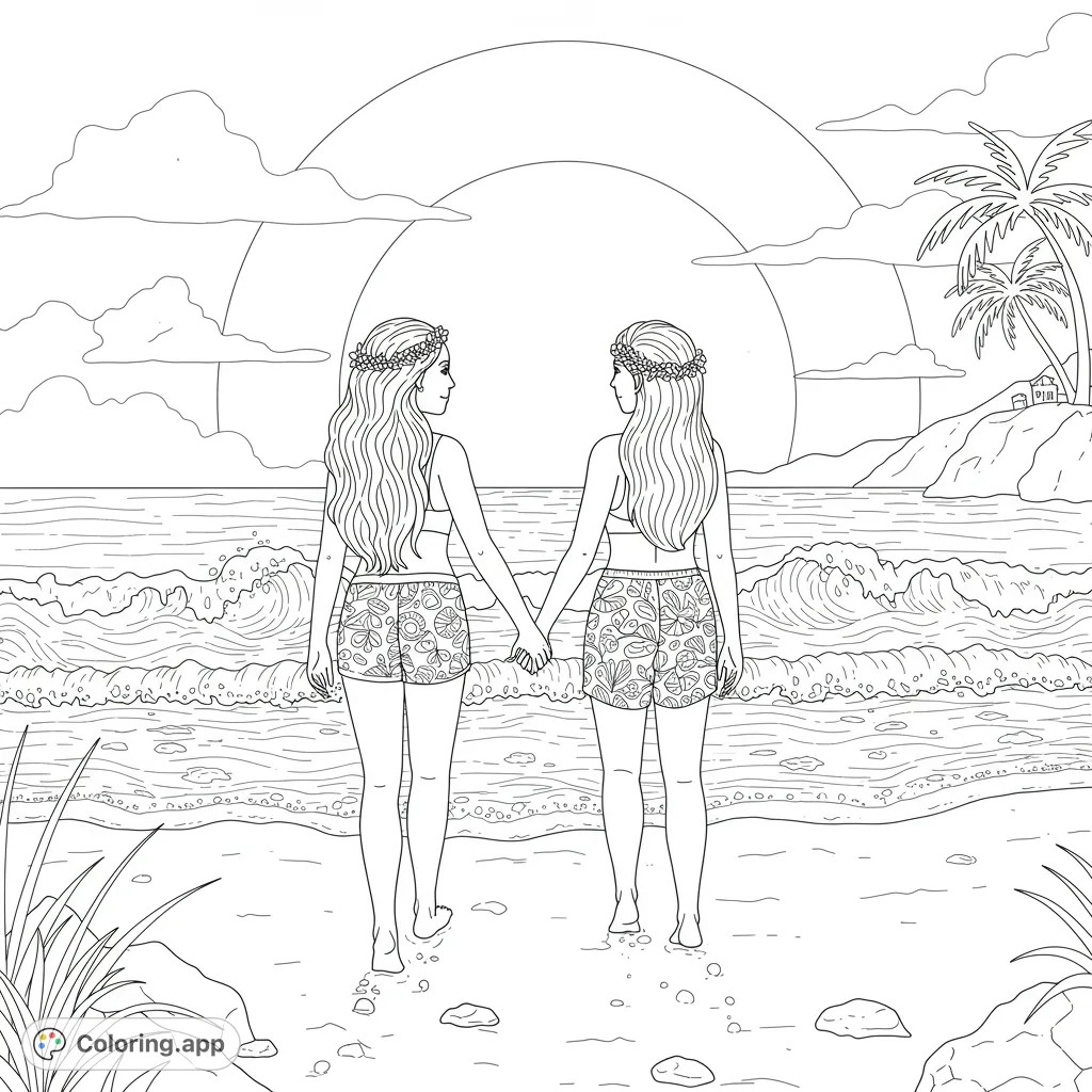 Two women holding hands on a beach at sunset, with ocean waves and palm trees. A beautiful tropical escape free printable coloring page.