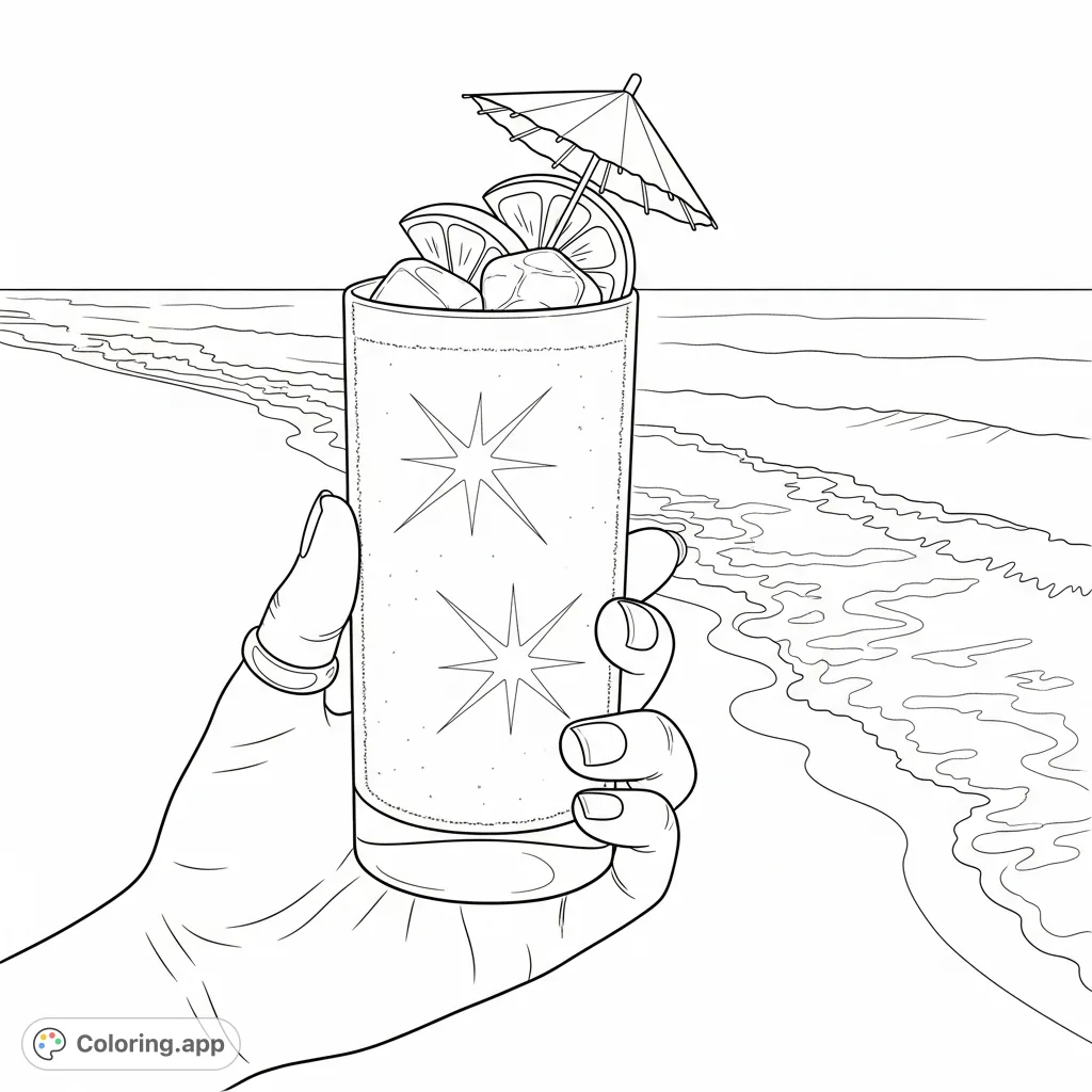 Relax with this beach cocktail coloring page featuring a hand holding a frosted glass against a serene sandy beach and gentle ocean waves. Perfect for unwinding.