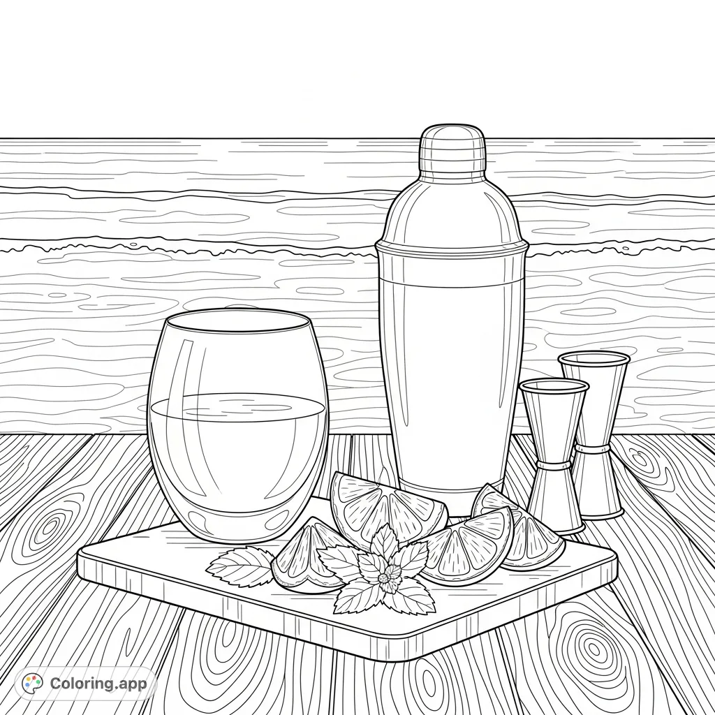A serene beachside cocktail scene featuring a half-filled glass, bar tools, lime, and mint on a rustic wooden bar, with the ocean stretching beyond.
