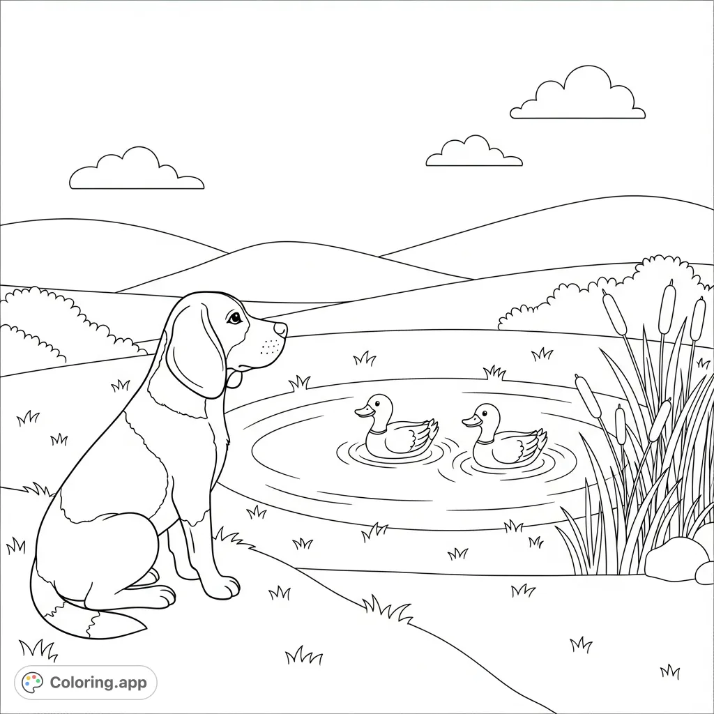 A charming beagle sits on a grassy bank, observing two ducks swimming in a small pond. Reeds line the water's edge, creating a serene outdoor scene.