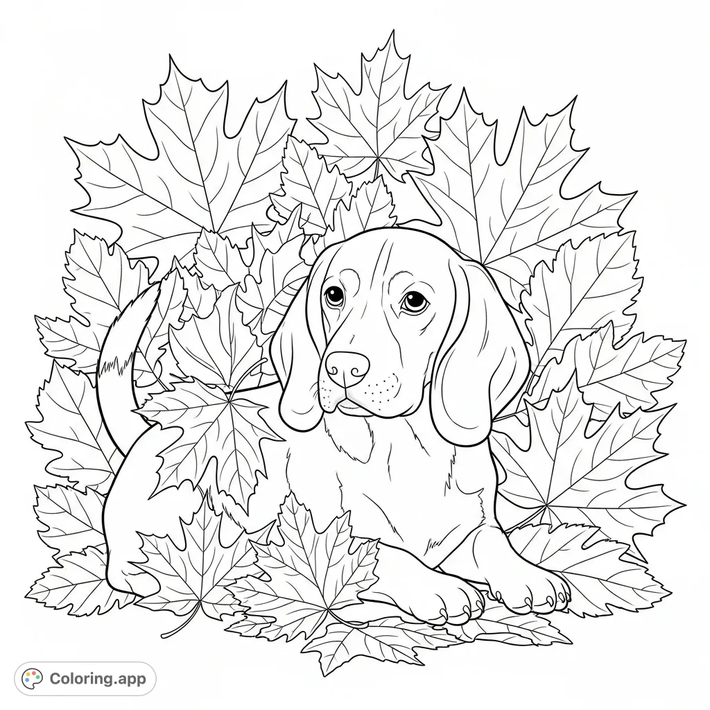 A charming beagle dog sits amidst a generous scattering of large, detailed autumn leaves, perfect for a cozy, seasonal coloring experience.