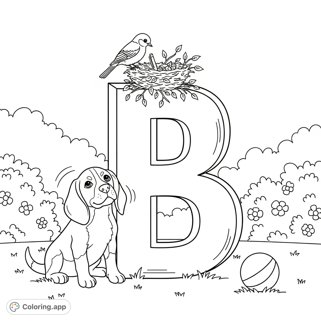 A delightful capital 'B' stands in a sunny backyard, featuring a playful beagle puppy, a busy bluebird building a nest, and lush bushes. Perfect for learning!