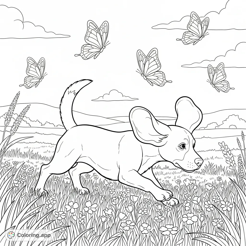 A charming coloring page featuring a beagle diligently tracking a scent trail through a vibrant meadow, with graceful butterflies fluttering above.